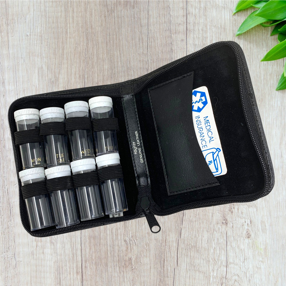 Vintage Noymer Leather Weekly Pill Organizer Zip Case Medicine Vials Travel Med